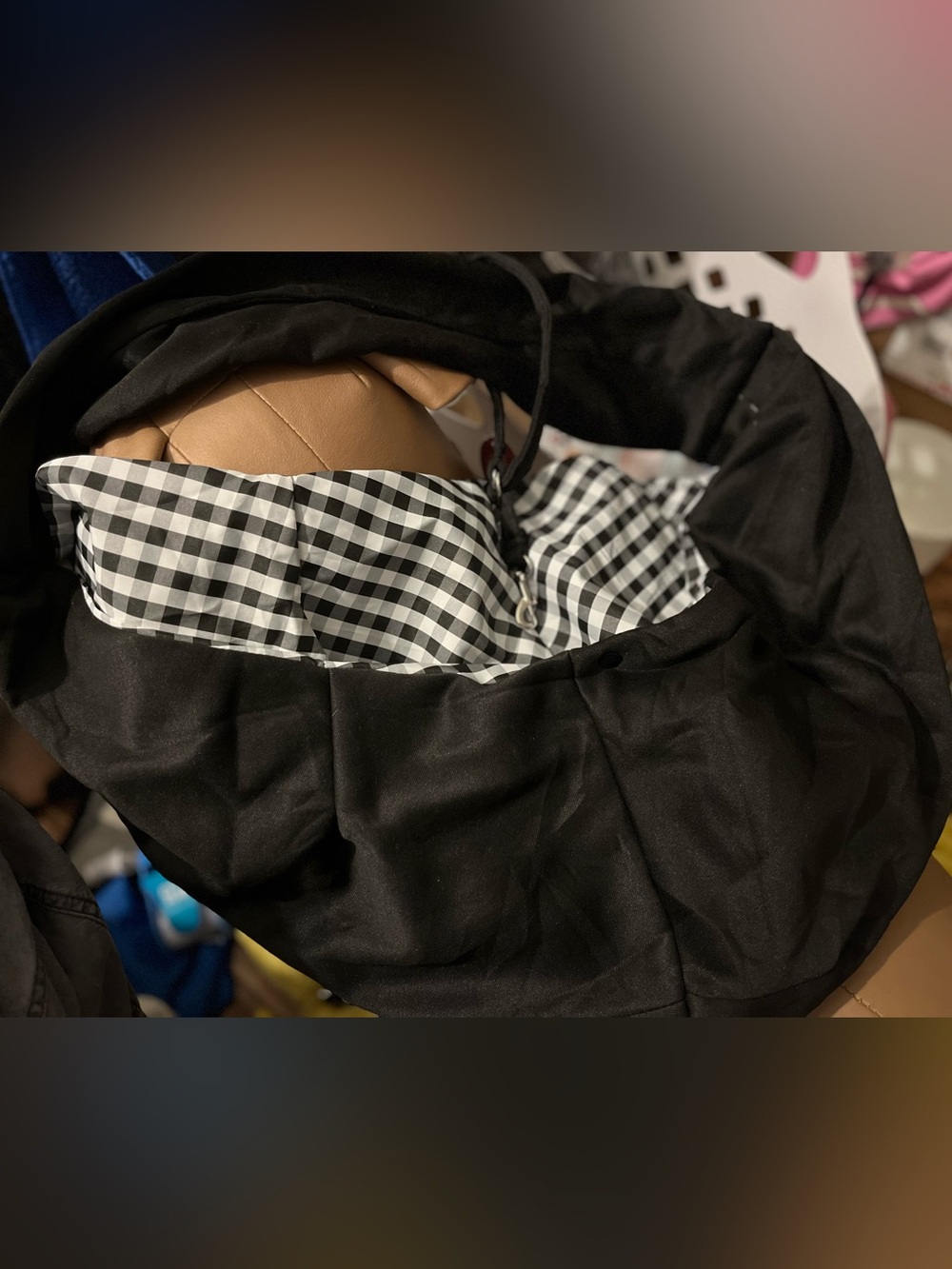 Pet Sling/Black Pet Tote Bag with Black-and-White Gingham Lining